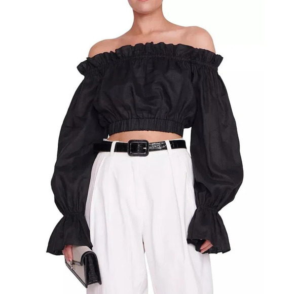 STAUD Tops - STAUD Tristan Black Linen Off-the-Shoulder Crop Top with Long Sleeves NWOT